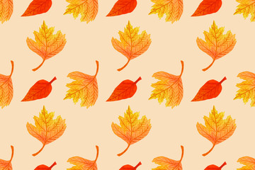 Autumn seamless pattern with colorful leaves. Fall backdrop of yellow, red and green foliage on warm orange background. Hand drawn watercolor illustration. Fabric and textile print template