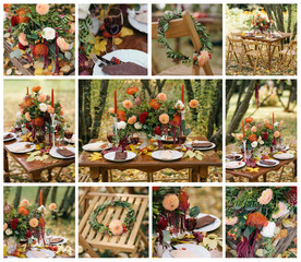 Fototapeta na wymiar Dinning Table Set For Wedding. Autumn Flowers Table Decor, Floral Design On A Table Dinner.