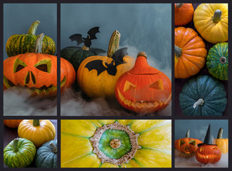 Halloween collage.Pumpkins on an table during the fall season.