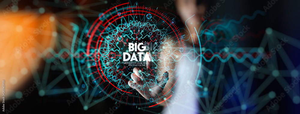 Aufkleber Big data in HUD and icon ui with hand selecting and pressing Big Data symbol and modern interface.