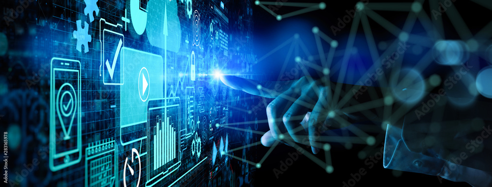 Aufkleber Hand touching Business data analytics process management with KPI financial charts and graph and automated marketing dashboard.