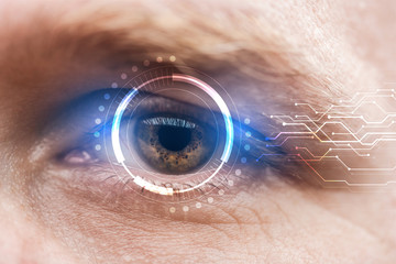 close up view of mature human eye with data illustration, robotic concept