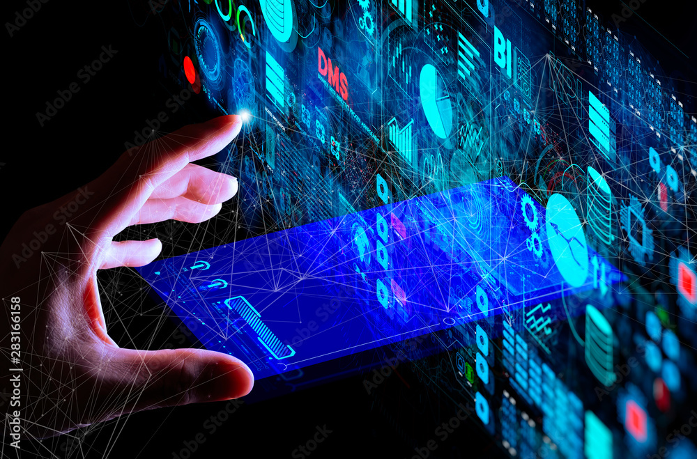 Poster Business data analytics process management with businesswoman hand touching connected gear cogs with KPI financial charts and graph and automated marketing dashboard.