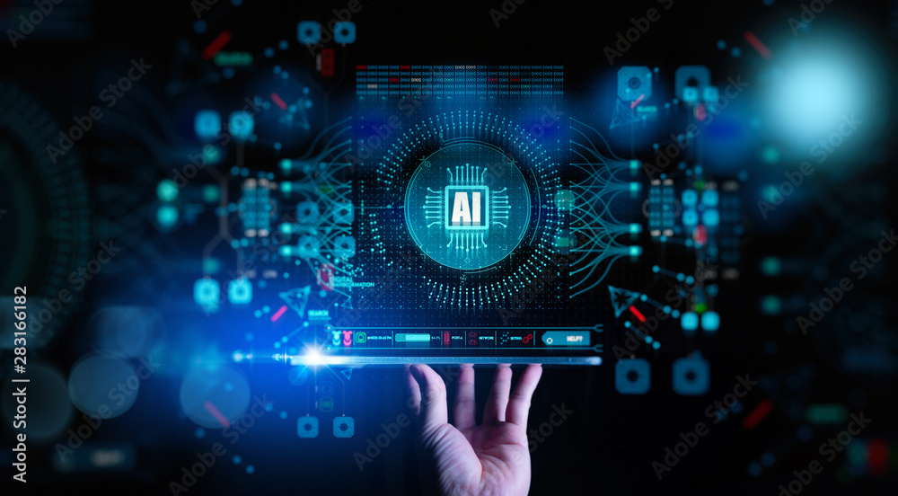 Poster Artificial intelligence (AI) with machine deep learning and data mining and another modern computer technologies UI by hand touching CPU icon.