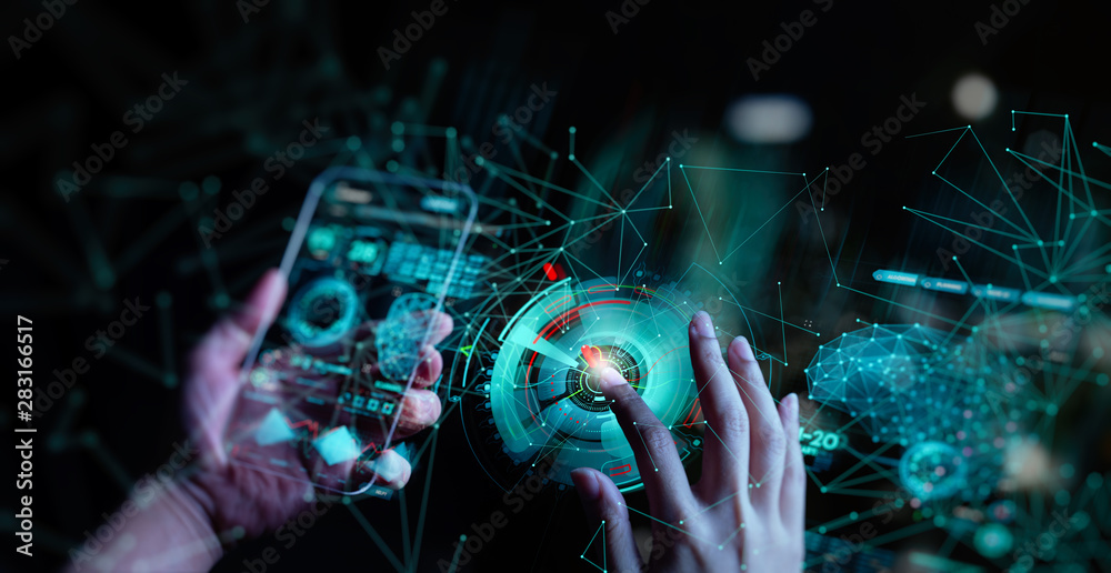 Aufkleber Hand touching Telecommunication network and wireless mobile internet technology  with 5G LTE data connection of global business, fintech, blockchain.