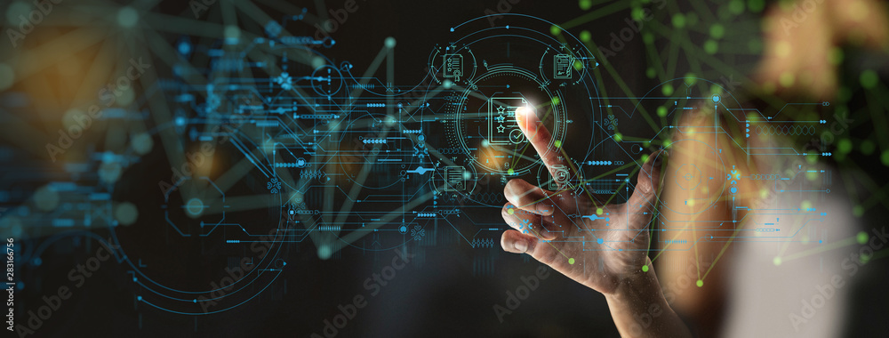 Poster businesswoman hand touch icon of document management data system business internet technology concep