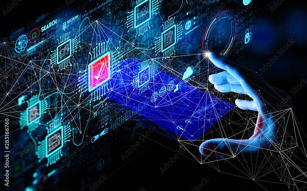 Poster Hand touching with Data Management System (DMS) and Business Analytics concept with servers connected to dashboard.