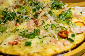 Thin crust chicken chili pizza