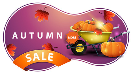 Autumn sale, modern pink discount banner with garden wheelbarrow with a harvest of pumpkins and autumn leaves