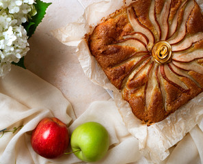 Homemade natural apple pie with glass of milk