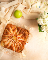 Homemade natural apple pie with glass of milk