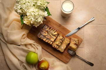 Homemade natural apple pie with glass of milk