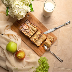 Homemade natural apple pie with glass of milk