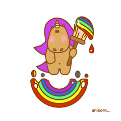 Cute magical unicorn with brush drawing rainbow. Beautiful cartoon character for your design.	