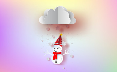 Merry Christmas and Happy new year in holiday.Graphic paper art and craft style. Snowman cute with Cloud in snowfall on Sweet pastel colors mesh gradient background.Winter season vector.illustration.