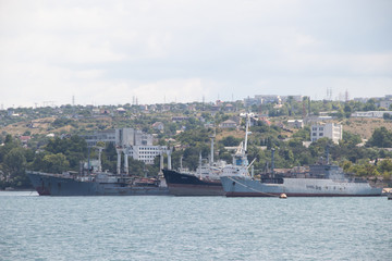 Sevastopol Bay in the summer in sunny weather. Crimea, Russia. A lot of boats and ships. Bay for boats.