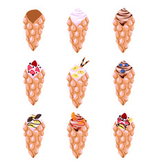 Hong Kong waffle ice cream cartoon style vector illustration set.