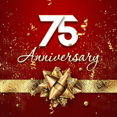 Creative background, 75 years old. Celebration of golden text and confetti on a red background with numbers and golden bow. Anniversary celebration template, flyer. 3D illustration, 3D rendering