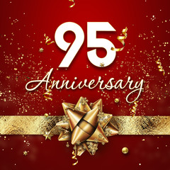 Creative background, 95 years old. Celebration of golden text and confetti on a red background with numbers and golden bow. Anniversary celebration template, flyer. 3D illustration, 3D rendering