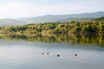 beautiful summer lake against the background of high mountains and blue sky