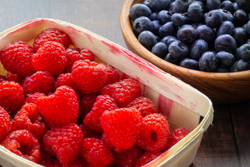 Gifts of the summer garden, raspberries and blueberries. Vitamins and summer