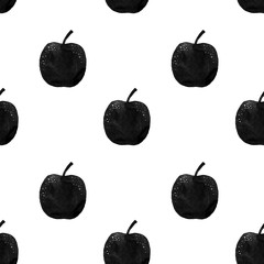 Seamless pattern with hand-drawn black apples on white background