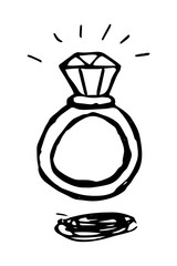 A ring with a diamond. Hand drawn doodle contour black and white vector isolated illustration.