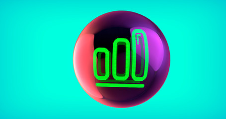 Green, Pink and Purple Neon Glowing Rate Symbol. 3D Illustration of Analytics, Data, Diagram, Business Icon with Copy-Space. Isolated on a Turquoise Background.
