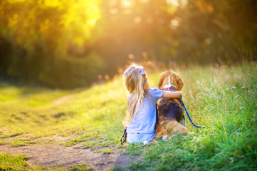 little girl hugs a beagle puppy, sitting on the grass in the park and watching the sunset, best friend