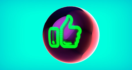 Green Neon Glowing Like on the Flying Spherical UFO Display. 3D Illustration of Good, Hand, Like, Ok, Thumb, Thumbs, Thumbs Up Icon. Isolated on a Turquoise Background.