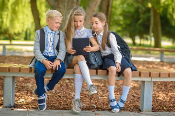 school friends, schoolchildren sitting on a bench in the park use a tablet, social media communication