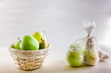 concept plastic free fruit in a plastic bag and wicker basket