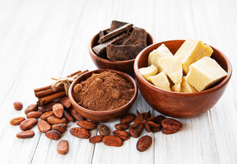 Cocoa beans, chocolate, powder and butter
