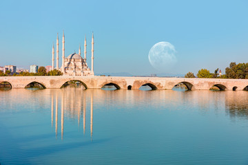 The Stone Bridge and Sabanci Mosque with full moon - Adana, Turkey "Elements of this image furnished by NASA
