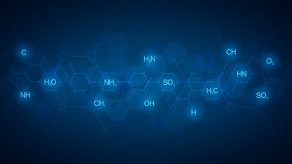 Fototapeta na wymiar Abstract chemistry pattern on dark blue background with chemical formulas and molecular structures. Template design with concept and idea for science and innovation technology.