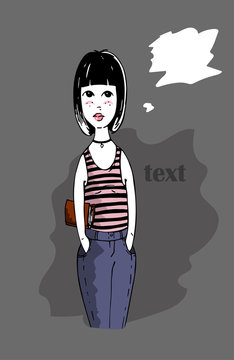 Cute graphic girl in jeans and t-shirt stands with  book and thinking about something. Beautiful illustration for your design.