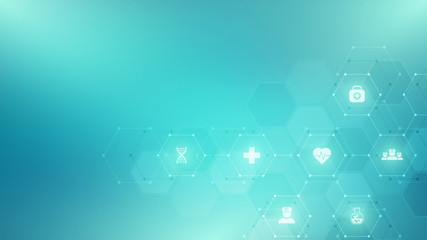 Abstract medical background with flat icons and symbols. Template design with concept and idea for healthcare technology, innovation medicine, health, science and research.