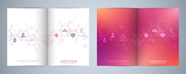 Template brochure or cover design, book, flyer, with medical icons and symbols. Healthcare, science and medicine technology concept.