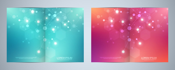 Naklejka na ściany i meble Vector template brochures or cover design, book, flyer, with molecules background and neural network. Abstract geometric background of connected lines and dots. Science and technology concept.