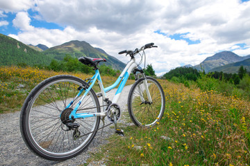 Fototapeta na wymiar A touring bike stops on a dirt road in the mountains