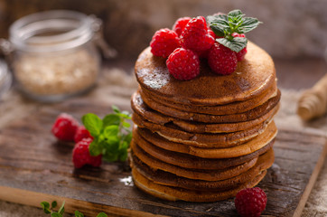 Delicious homemade pancakes with maple syrup