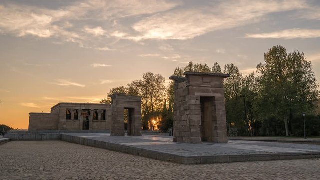 Madrid Spain time lapse 4K, city skyline day to night sunset timelapse at Egypt Temple of Debod