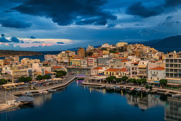 Crete blue hour art the coastal town