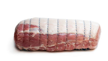 Fresh pork shoulder joint with cooking cord isolated on white. Ready for cooking.