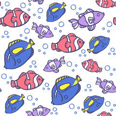 Seamless background with blue and pink ocean fish on blue background. Cartoon background with fish.