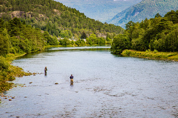The fjord. Waterfall. Norway. Aerial view
