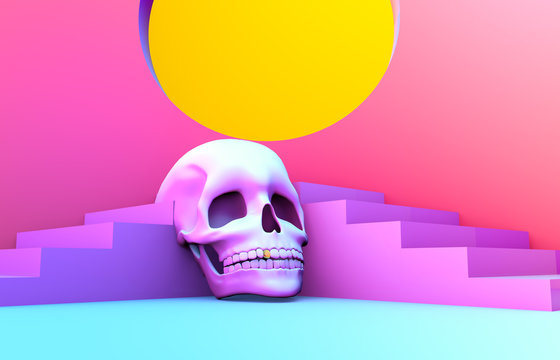Abstract 3d Halloween scene with stairs and skull. Halloween background. Holographic, vaporwave synthwave style, neon aesthetics of 80s.