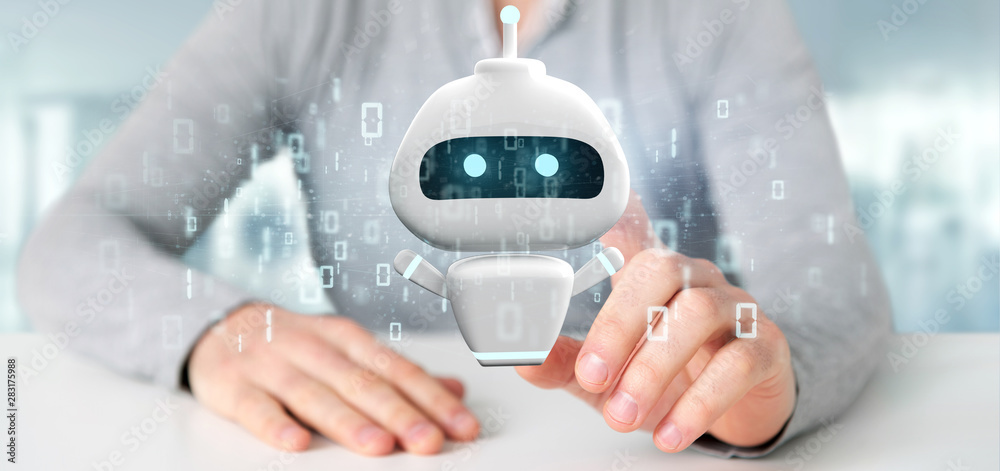 Poster businessman holding chatbot with binary code 3d rendering