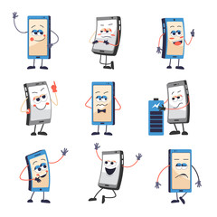 Mobile phone or smartphone with face and emotions isolated icons