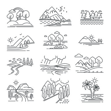 Outline landscapes isolated natural views, plants and water or mountains